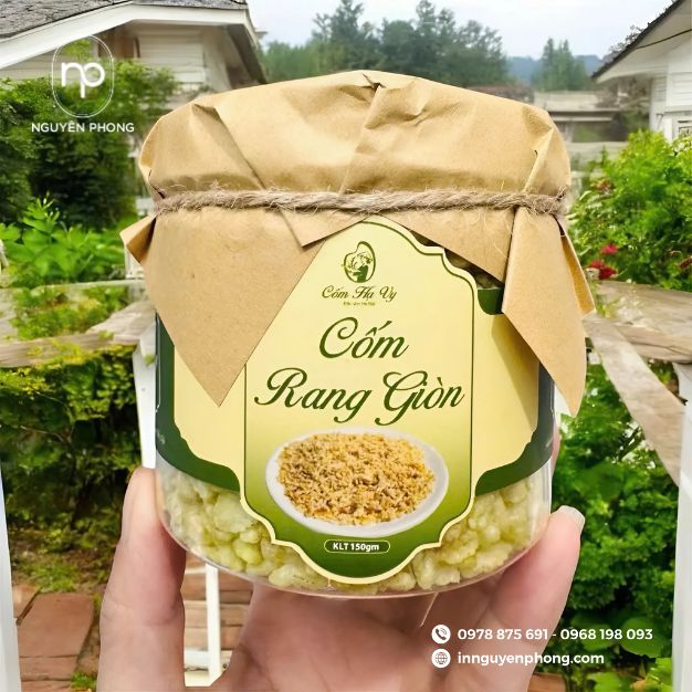in tem nhãn cốm rang giòn đẹp mắt